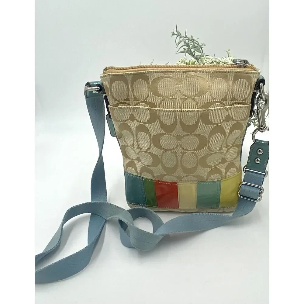 Coach Beige Blue Jacquard Hamptons Weekend Multicolor Stripe Swingpack Crossbody